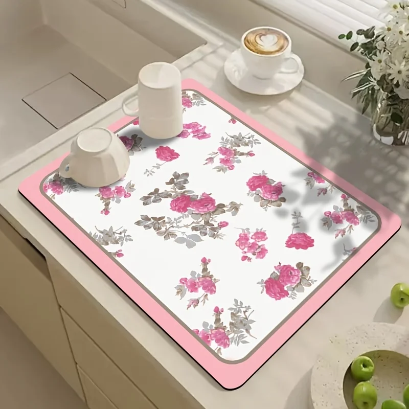 Drying Mat Pink Rose Floral Print Tableware Drain Pad for Sink Side Kitchen Counter Decoration