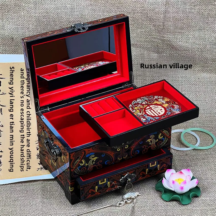 Large Capacity Square Lacquerware Jewelry Box Warring States Han Pattern Zhao Jin Lacquer Art Bangle Storage Box For Gifting
