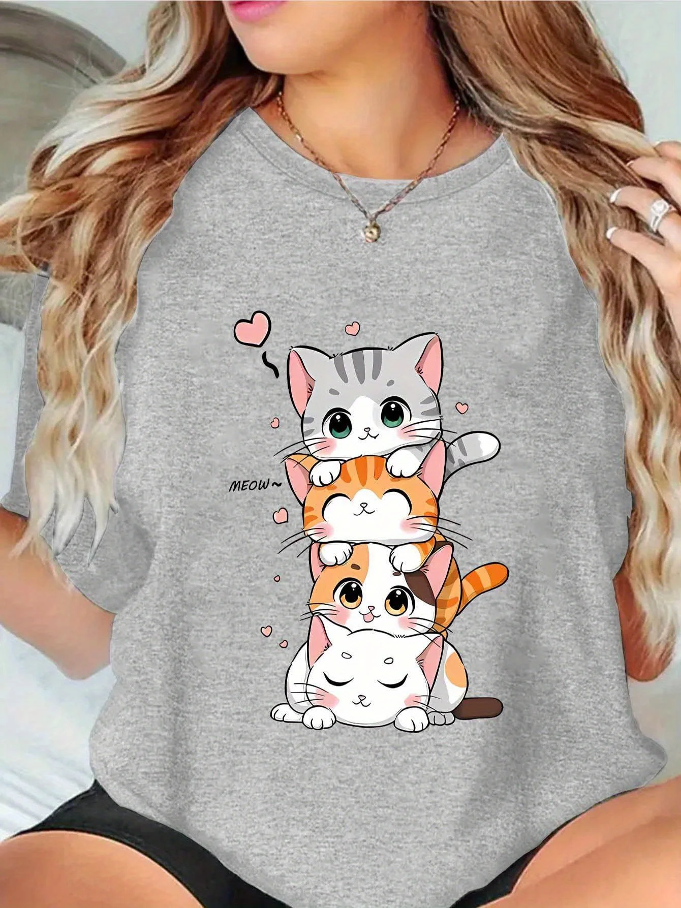 女性の Tシャツ半袖 3 つのかわいい子猫クリエイティブプリント夏ラウンドネック Tシャツ女性のカジュアル服