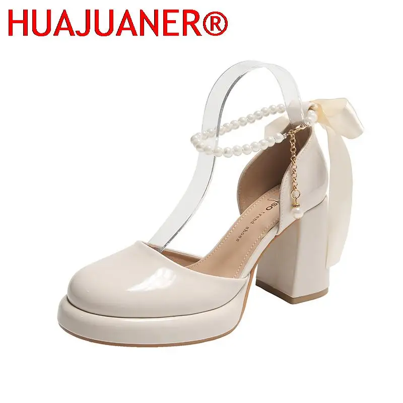 

Women Pumps Mary Janes High Heels Shoes Lolita Summer Chunky Sandals 2023 New String Bead Luxury Party Women Shoes Mujer Zapatos