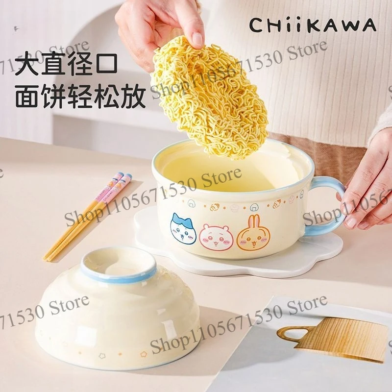 Kawaii Chiikawa Ceramic Noodle Bowl with Lid Large Size Handle Rice Bowl for Student Dorm Canteen Usagi Design Cartoon Lovely