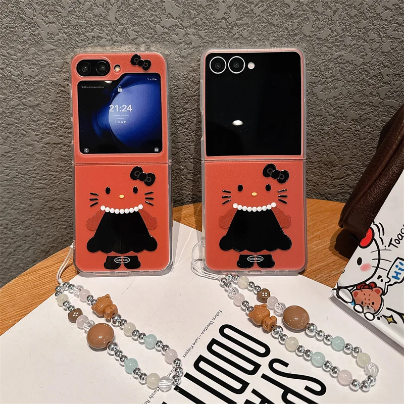 

Korean Cute Hellokitty Phone Case For Samsung Z Flip 7 6 5 4 3 ZFlip7 ZFlip6 Back Cover with Chain Cartoon Protective Cases