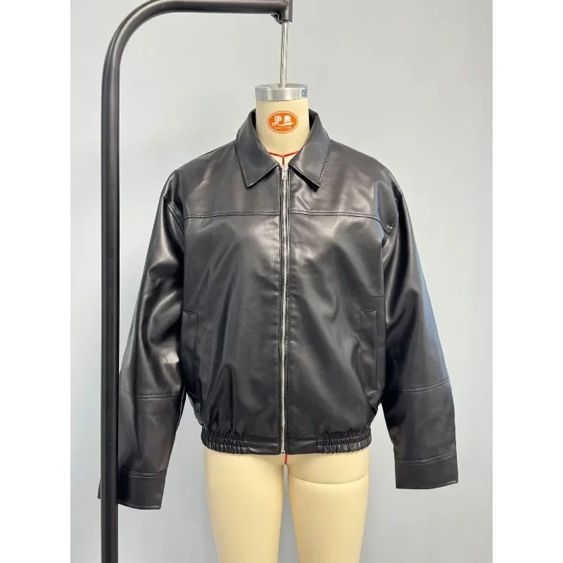 Veste bombardier surdimensionnée en cuir pour femme, Vintage, Streetwear, col rabattu, fermeture éclair, manteau d'automne et d'hiver, tenue Demi-saison à la mode