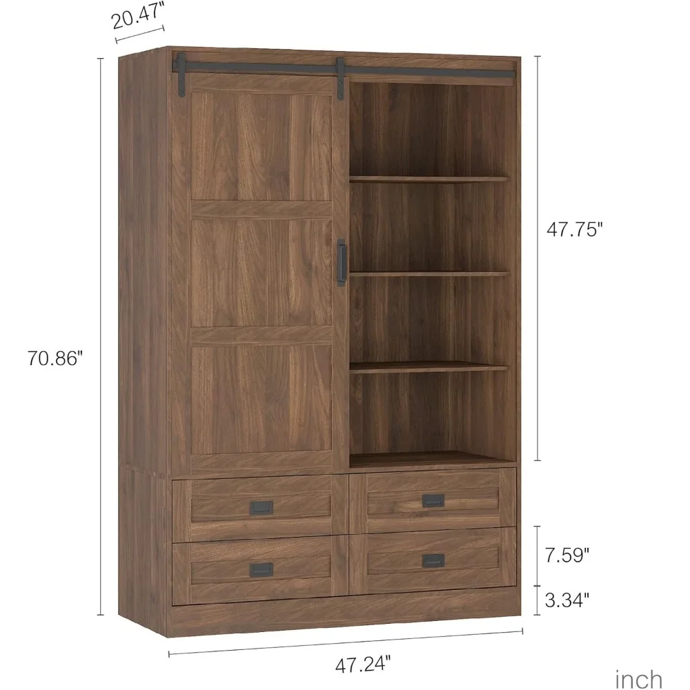 Деревянный шкаф-купе с раздвижными дверцами, ящиками, открытыми полками, высоким стержнем для хранения стильной одежды