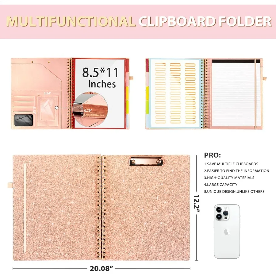 حافظة مع مساحة تخزين للرجال والنساء منظم محفظة Padfolio من الجلد 5 مجلدات مع 10 جيوب حافظة حلزونية مع