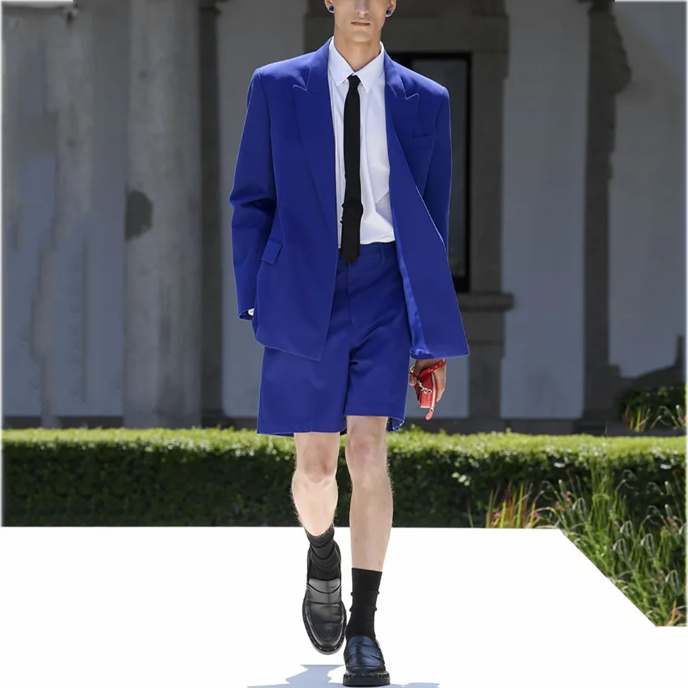

Royal Blue Men's Suits Loose Fit Two Piece Peak Lapel Casual Outfit Two Piece Jacket with Short Pants Daily Party Man Set