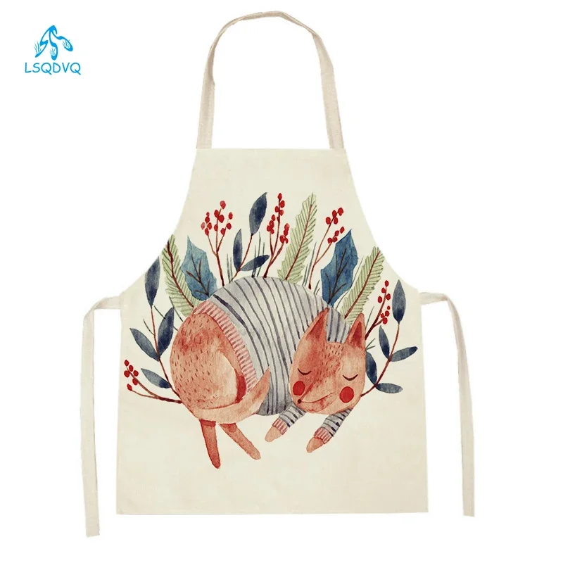 Cute Cartoon Animal Printed Kitchen Aprons Women Men Sleeveless Antifouling Apron Fox Cattle Bear Owl Pattern Cooking Aprons