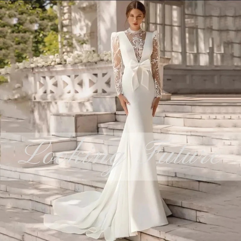 Elegante renda cetim sereia arco casamento vestido, ilusão v pescoço, manga cheia, botão vestidos longos, requintado plissado apliques vestidos