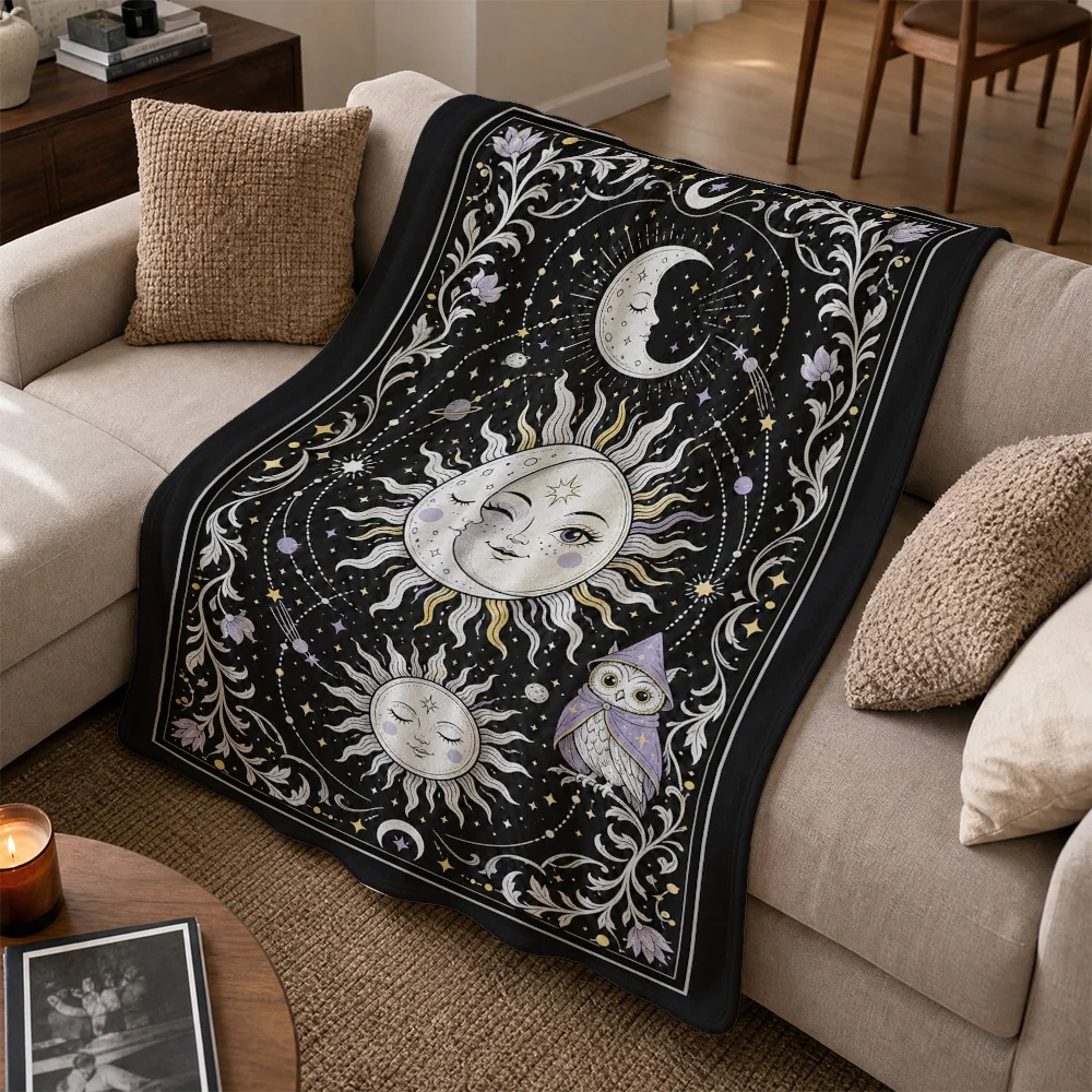 Black Celestial Throw Blanket Stars Moon Sun Astrology Zodiac Boho Witchy Tapestry Sofa Couch Decor Mystical Cosmic Gift