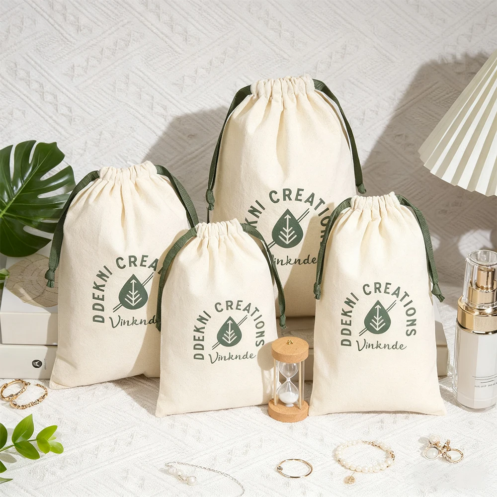 

50PC Custom Logo 25x30cm Nature Cotton Linen Drawstring Ribbon Bags Muslin Calico Jute Jewelry Packing Dust Bag for Wedding Gift