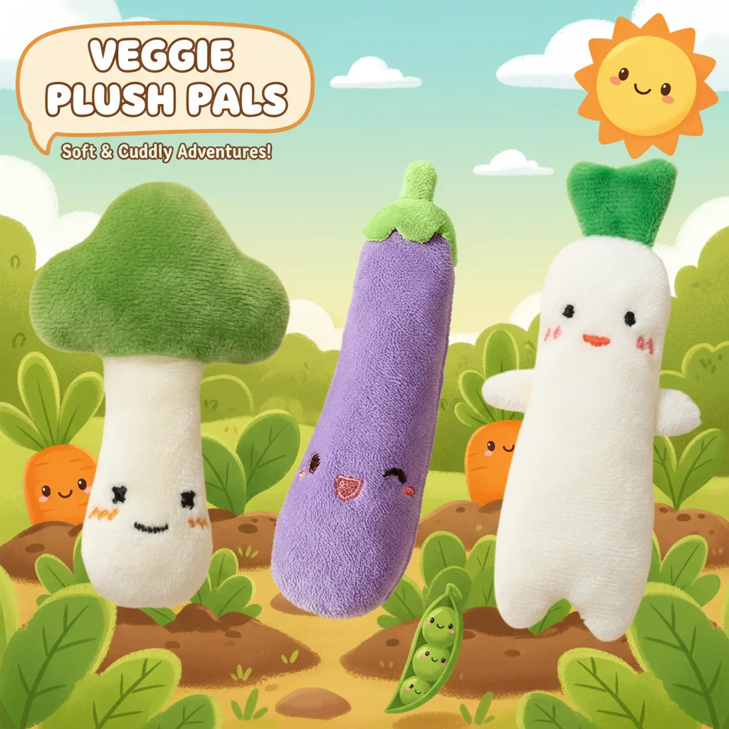 Kawaii Stuffed Fruit & Vegetable Plush Toys Soft Cute Cartoon Scallion Eggplant Radish Interactive Sensory Cozy Toys for Kids