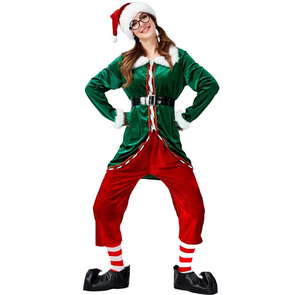 6Pcs Women Christmas Santa Claus Costume Green Elf Cosplay Christmas Party Clothes Set For Adults New Year Xmas Fancy Dress