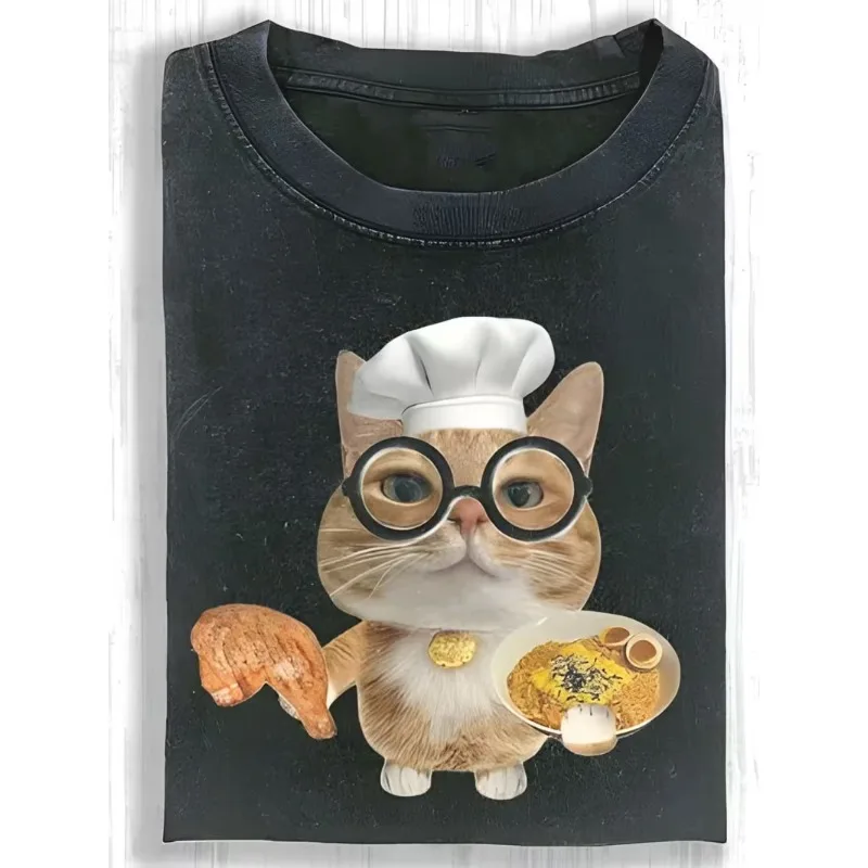 Trendy Funny Chef Cat Graphic T-Shirt Cute Cooking Cat Print Tee Retro Washed Casual Short Sleeve Top for Men Women