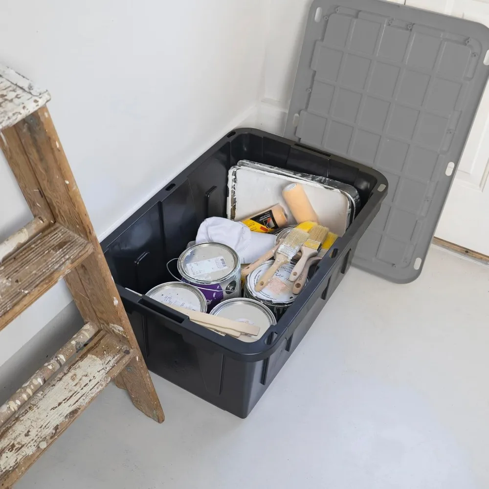 NEGRO Y AMARILLO, contenedor de almacenamiento resistente de 27 galones y tapa a presión, negro y gris, (14,3 A x 20,6 L x 30,6 P), meteorológico