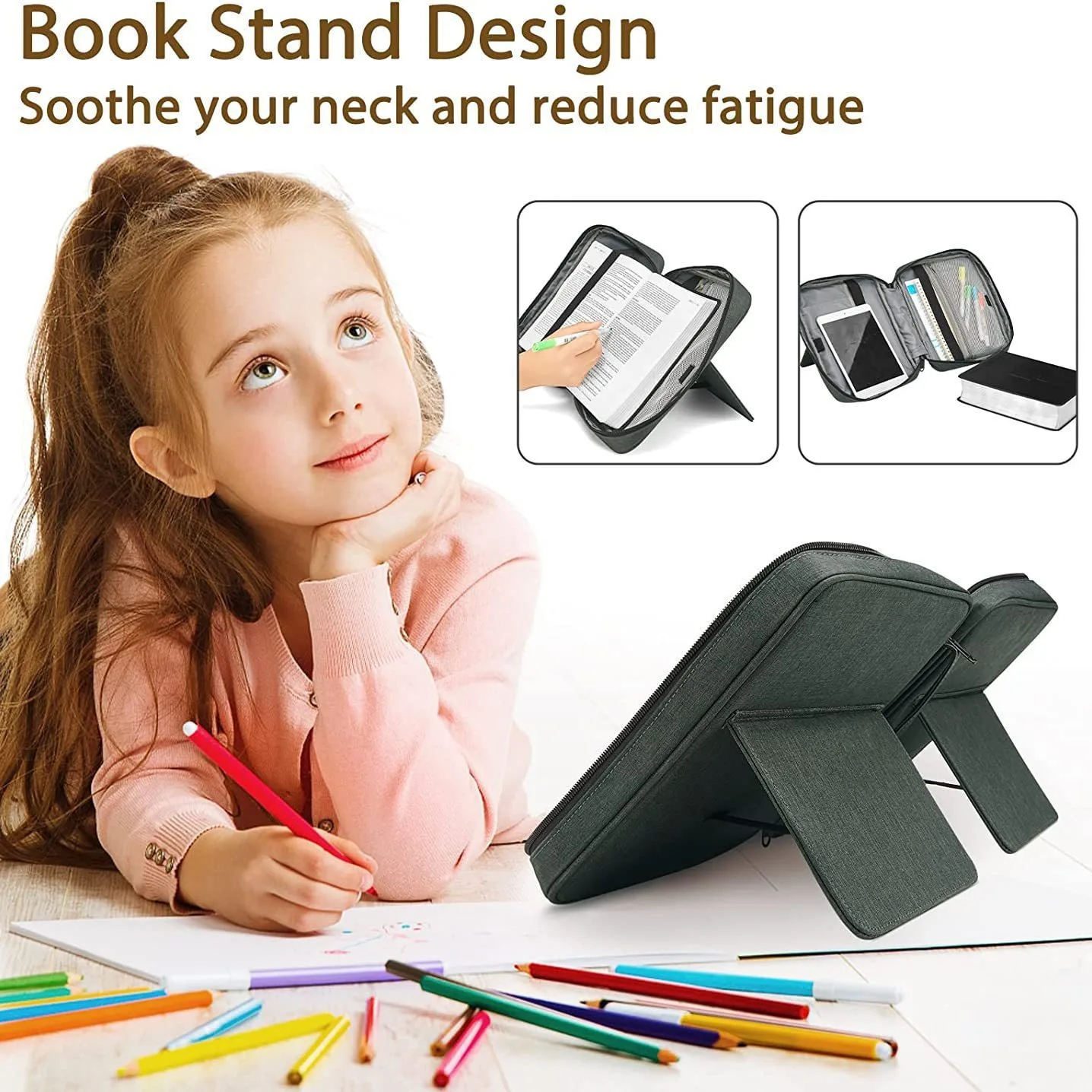 Portable Book and Tablet Storage Pouch with Handle Waterproof Oxford Fabric Book Stand Design Two Way Zipper Large Capacity