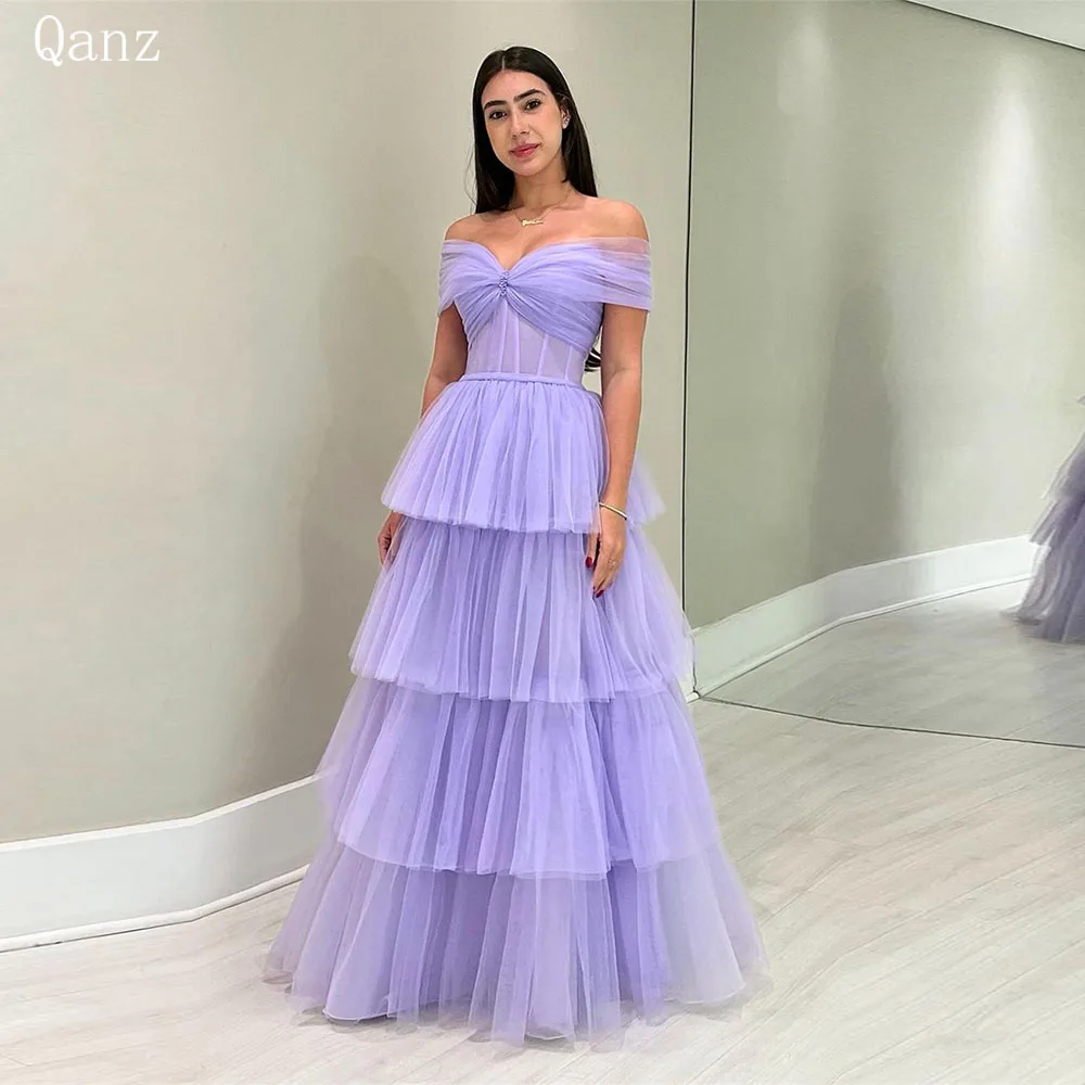 

Qanz Lilac Tulle Evening Dresses Off The Shoulder Floor Length Ruched Tiered Vestido De Noche Formal Dresses For Women 2024 Plus