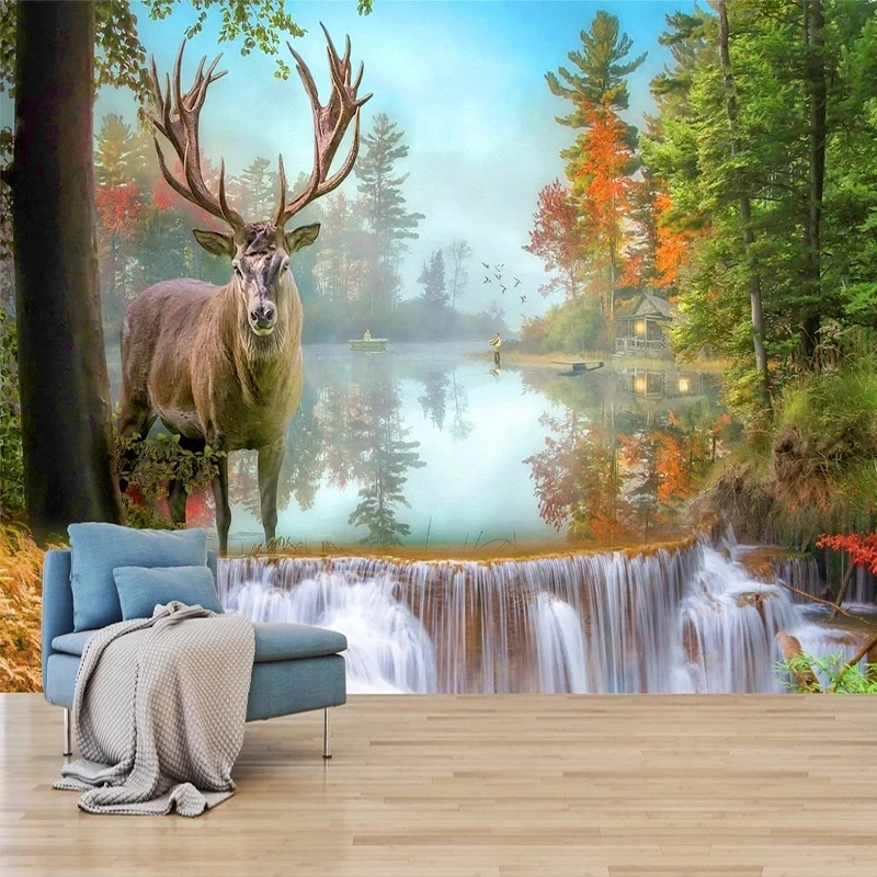 Custom 3D Waterfall Forest Elk Wallpaper Bedroom Art Mural Landscape Living room sofa TV background wall restaurant deer Hotel