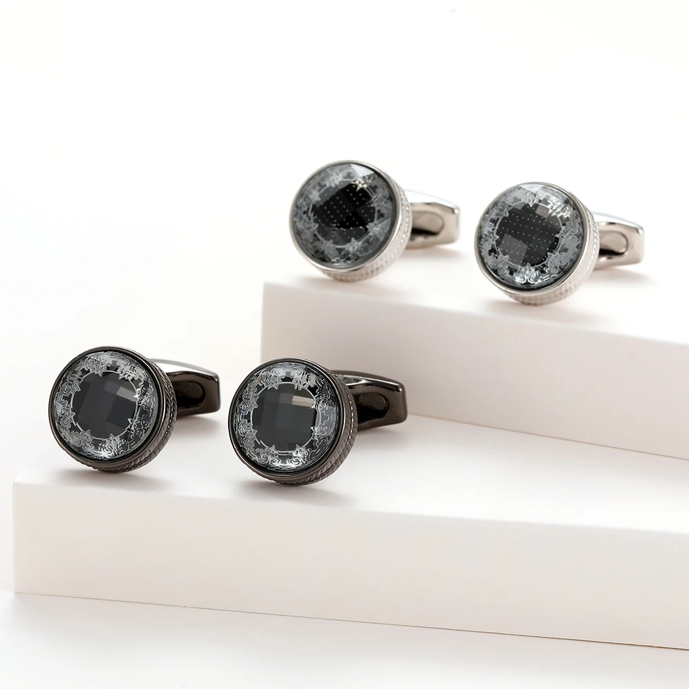 TOMYE XK22S039 Cufflinks for Men, Black Background Silver Pattern Round 2 Colors Dress Shirt Cuff Links