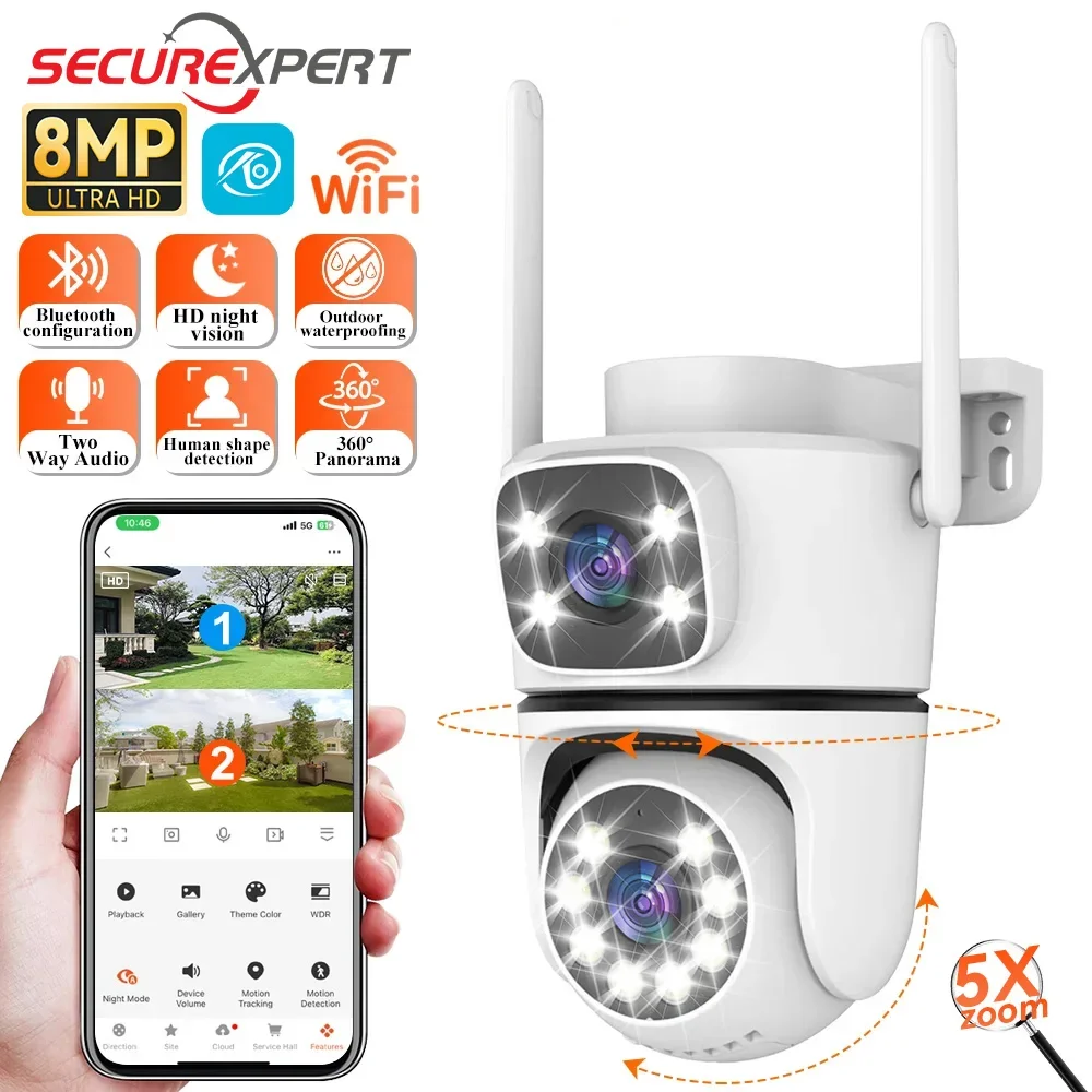 

Камера Securexpert 4K PTZ WIFI с двумя объективами и двумя экранами, 5-кратным цифровым зумом, IP-камера с автоматическим отслеживанием, уличная камера видеонаблюдения O-KAM Pro