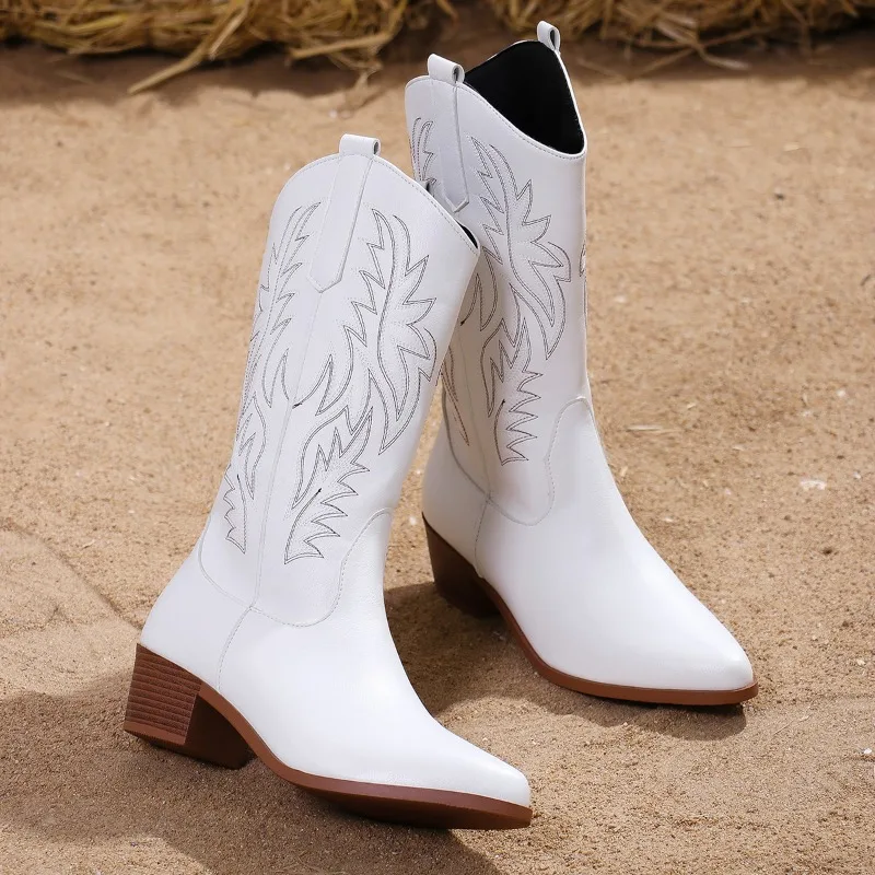 

2025 New Fall/Winter High Quality Block Heel Mid White Cowboy Boots Women's Vintage Western Fashion Embroidery V-Mouth Slip Wear