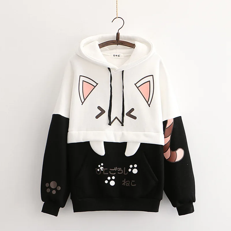 Autumn Y2k Harajuku Thicken Hoodies Women Japanese Style Kawaii Sweet Streetwear School Girls Cute Cat Print Hooded Sweatshirt