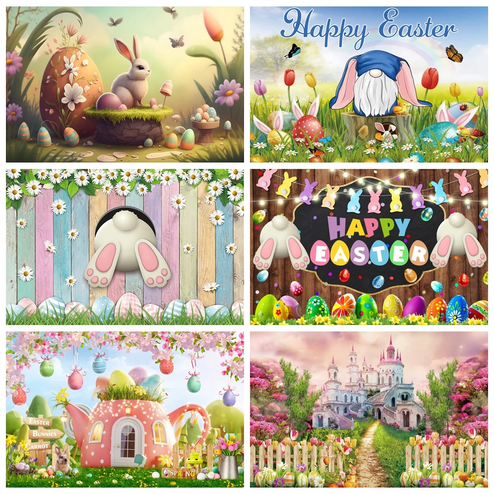 

Happy Easter Backdrop for Photography Spring Easter Rabbit Colorful Eggs Green Grass Bunny Baby Shower Party Photo Background