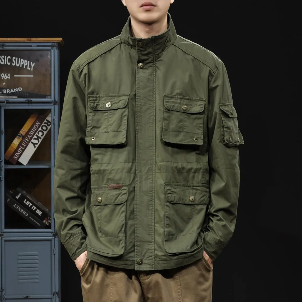 Multi Pocket Jacket Men American Fashion Streetwear Vintage Loose Casual Techwear Windbreaker Cargo Jacket Coat Man Outerwear