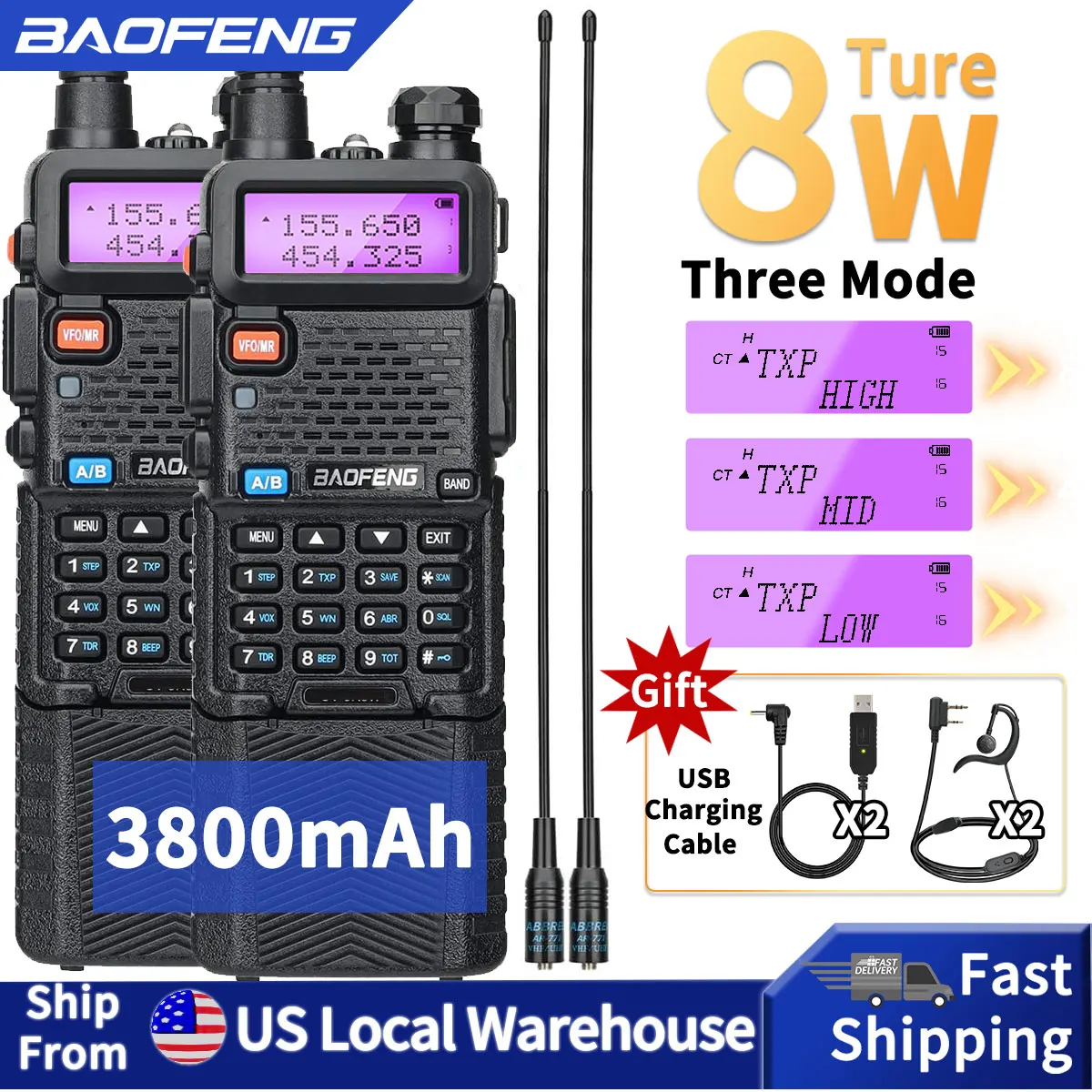 

2PCS Baofeng UV-5R 8W Walkie Talkie 3800mAh Tri Power Dual Band VHF UHF Long Range High Power Portable UV5R Two Way Ham Radio