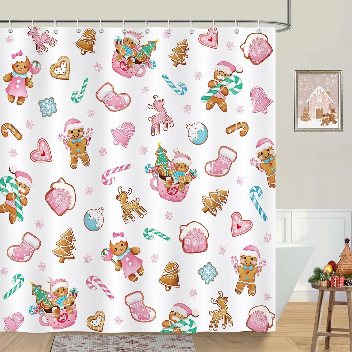 Christmas Gingerbread Shower Curtain, Pink Candy Cane Mitten House Winter Holiday Bathroom Decor Polyester Fabric Waterproof