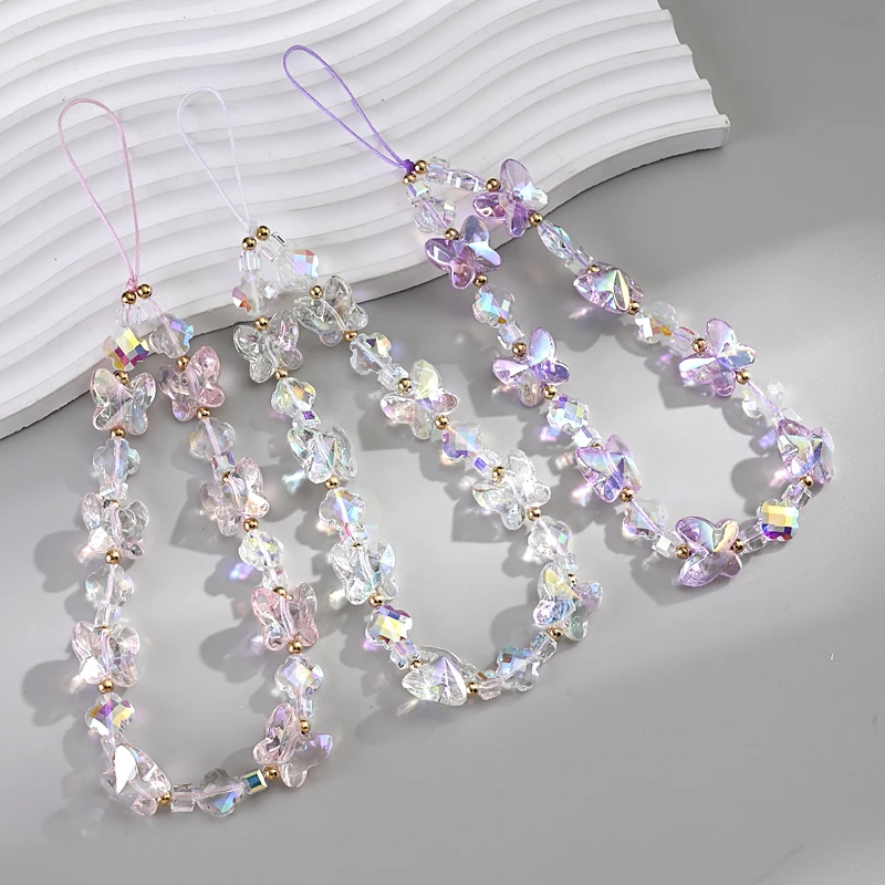 Women Girl Acrylic Mobile Phone Chain Transparent Sweet Butterfly Telephone Hanging Cord Anti-Drop Cellphone Lanyard Jewelry