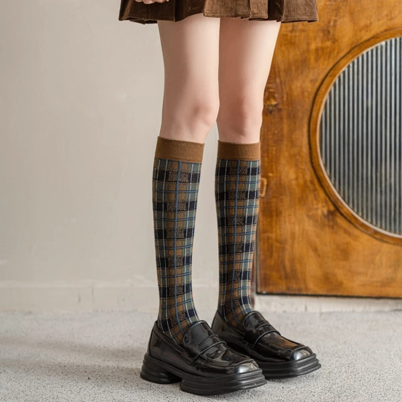 Ladies' Spring Retro Checkered Stocking JK College Style Leg Cotton Socks Skirts School Uniform Pants Student Knee Socks