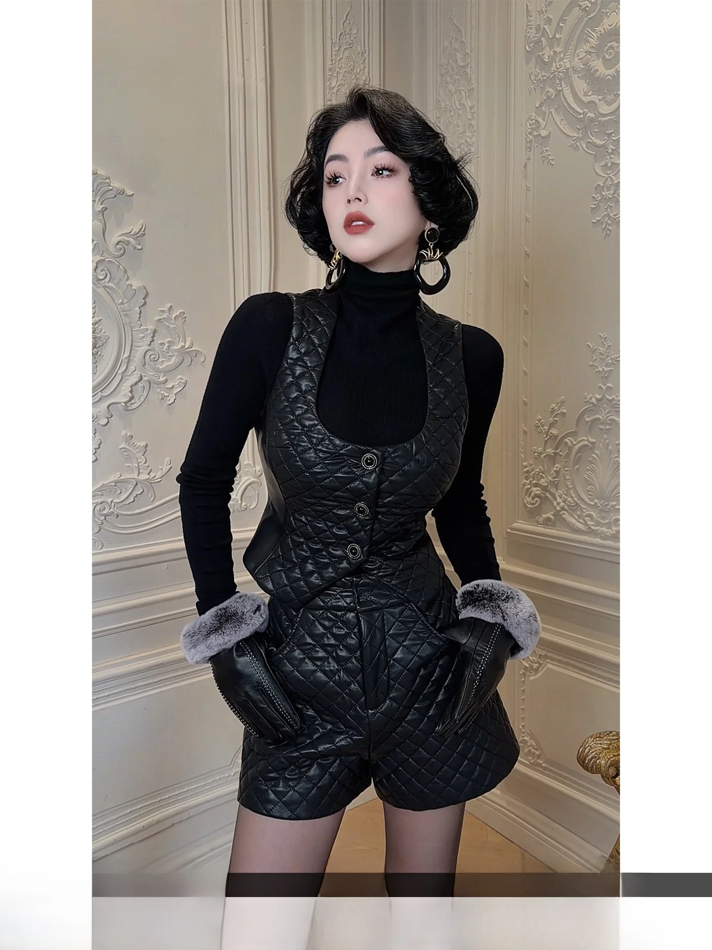 

LYXJ Autumn Winter Women's Fashion Set with Inner Vest Thickened Short Pants High Waist Slim Fit Long Sleeve French Style