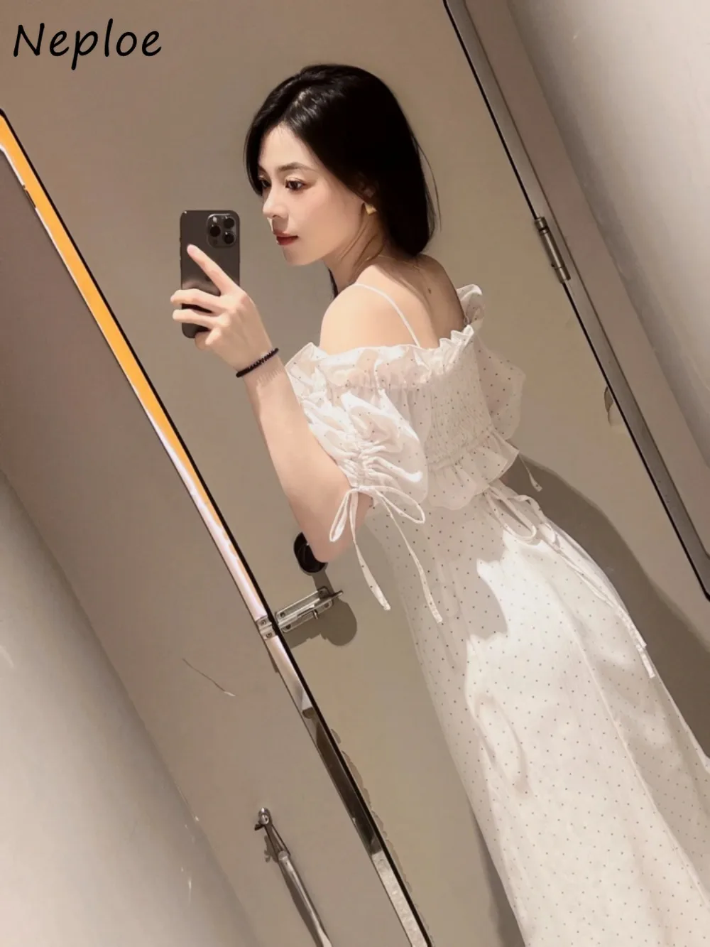 Neploe New Slash Neck Puff Sleeve Print Robe Off spalla Ruffles elegante Sling Dress Japan Sweet Lace Up coulisse Vestidos