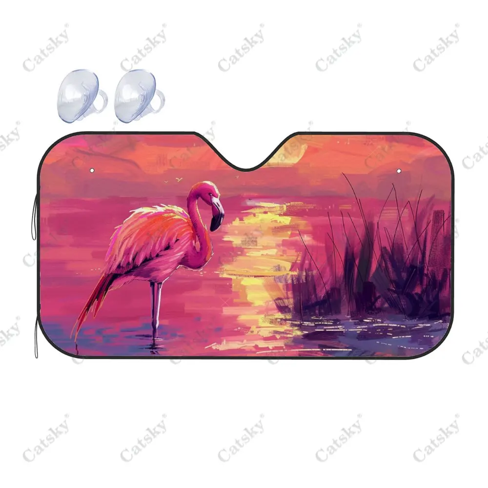 Hot Pink Flamingoes Sunset Print Car Windshield Sunshade, Auto Accessories Front Windshield Sun Visor Blocks Uv Rays Protect