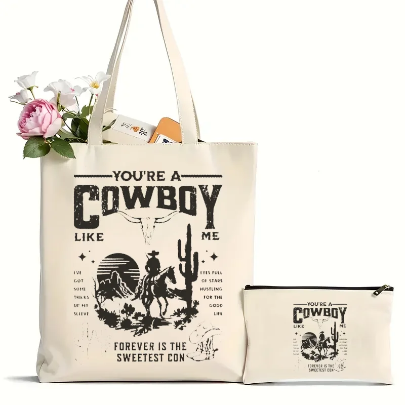 

2Pcs Cowboy Letter Print Canvas Tote Bag, Simple Eco TS Shoulder Bag, Versatile Shopping Bag & School Handbag