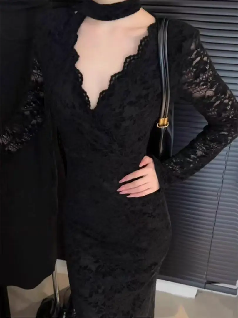 Retro Y2K Crochet Lace Cutout Brown Bodycon Dress French V-Neck Long Sleeve Pencil Mermaid Hem Dress Party Prom Vestidos Robe
