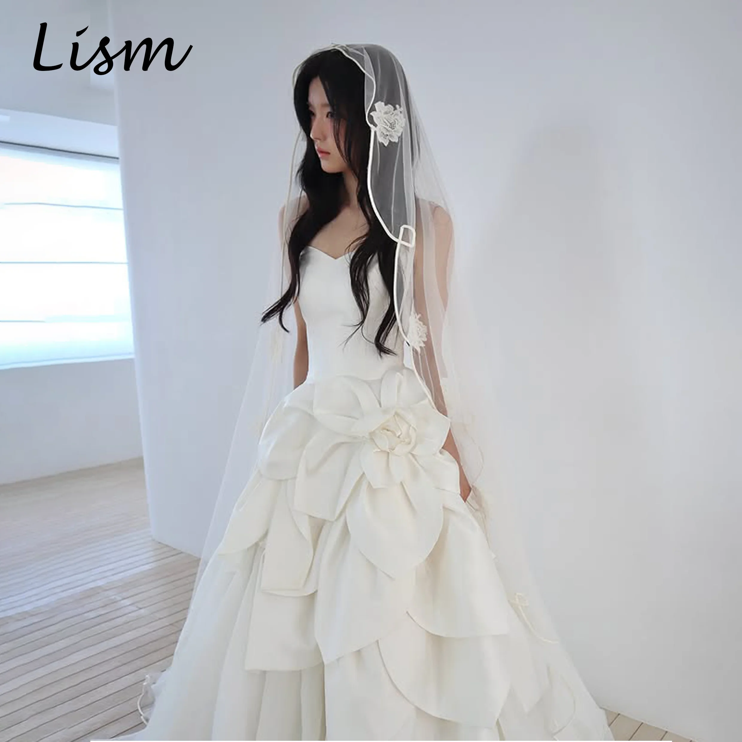 Lism Elegant Sweetheart Collar Wedding Dress Handmade Flowers A-line Floor-Length Korea Wedding Dress Photo Shoot Customized