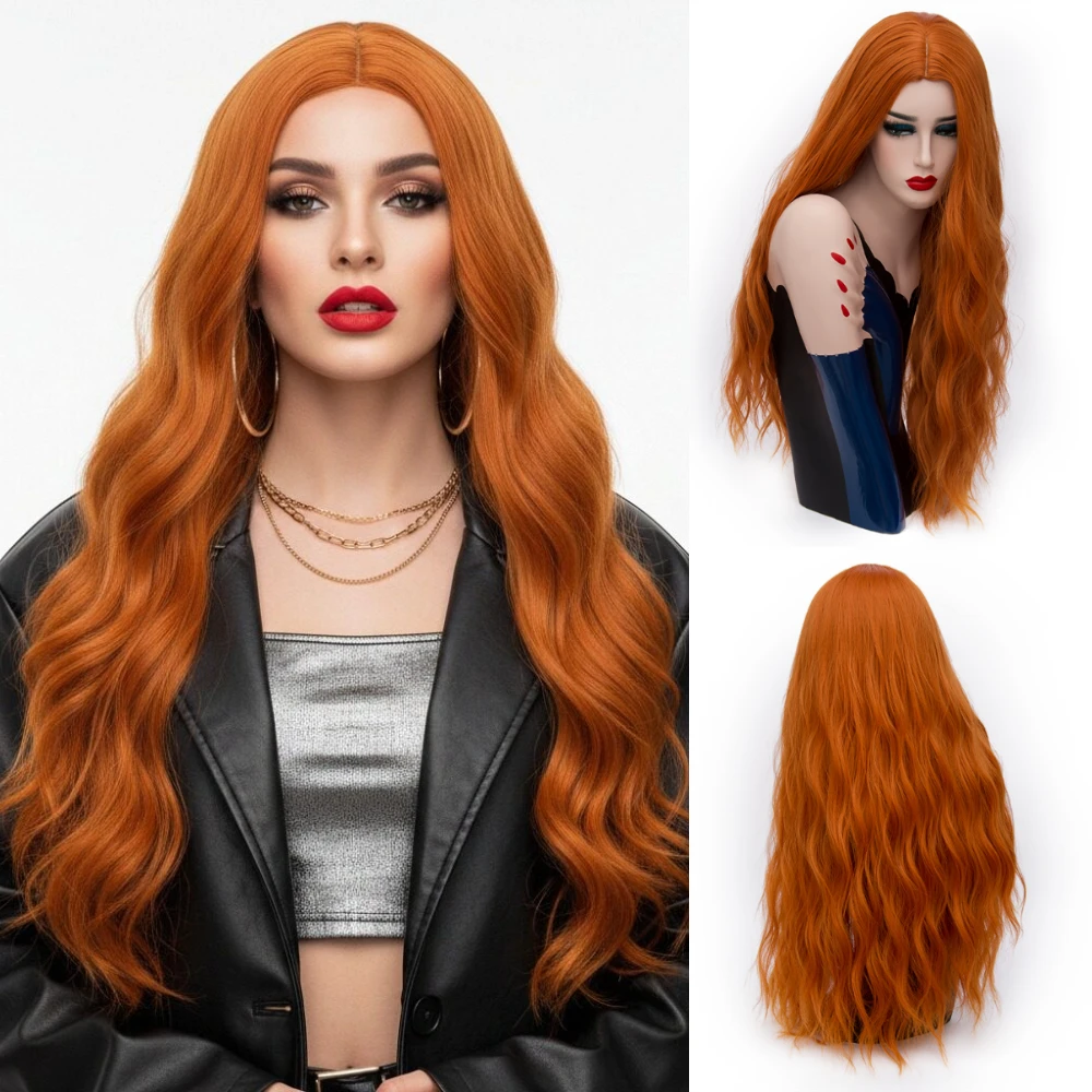 

Женские длинные оранжевые волнистые синтетические волосы с центральной проборной разметкой, термостойкие, идеально подходят для косплея, Хэллоуина, вечеринок, естественный вид.