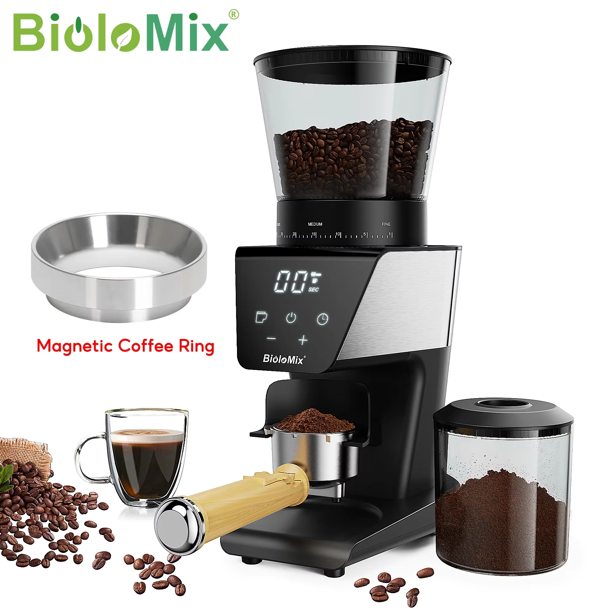 Biolomix Conical Burr Coffee Grinder with Digital Timer Display, 31 Precise Settings for Espresso/Drip/French press/Cold Brew