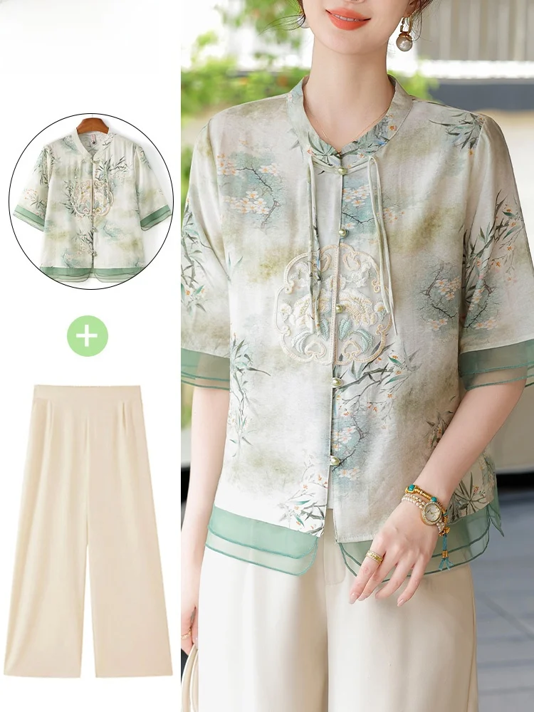 

Новый китайский летний комплект из хлопка и льна для мам: модная блузка для женщин среднего возраста, весенне-летний национальный стильный топ