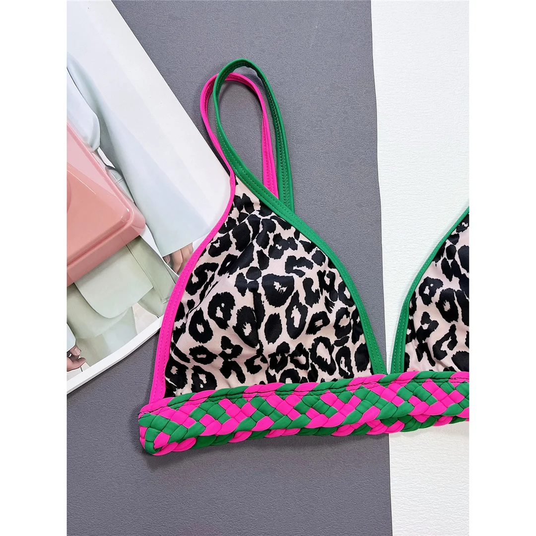 Leopardmuster, Patchwork-Design, hoch geschnittener Bikini, Damen-Badeanzug, zweiteiliges Bikini-Set, Badebekleidung, Badeanzug, Modell V5836. – Detail 12