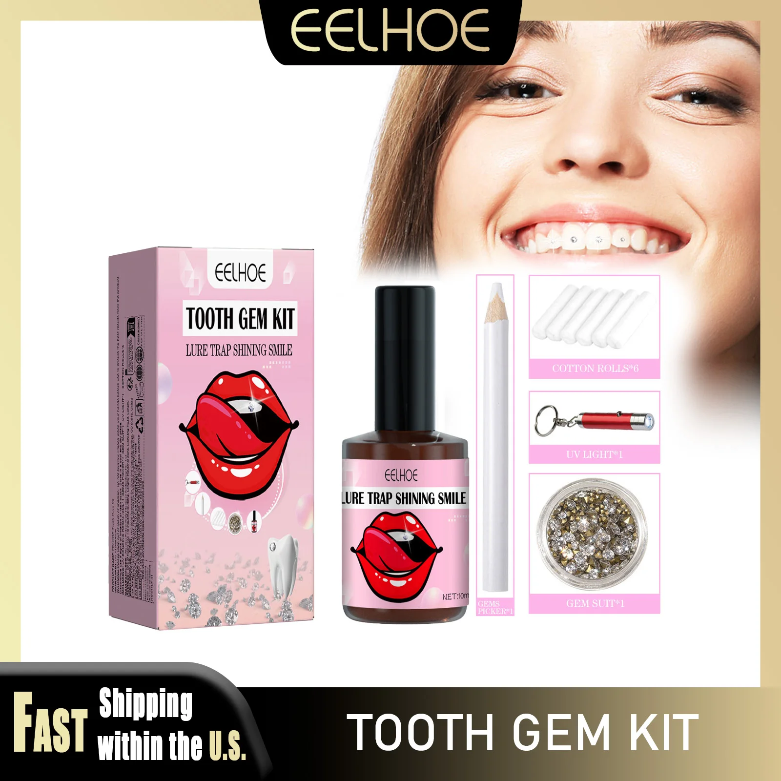 

EELHOE DIY Tooth Gems Kit Safety Dental Glue High Hardness Crystal Decorations Shiny Easy To Install Remove Dental Decoration