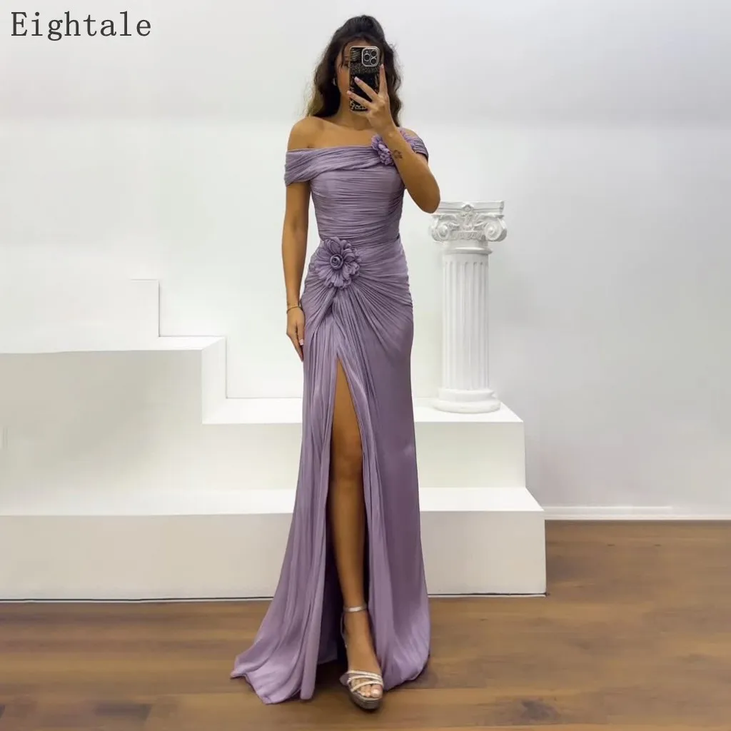 

Eightale 2025 Mermaid Off Shoulder Silk Maxi Evening Dress With Flower Formal Prom Dress Dubai Wedding Party Gown Customized