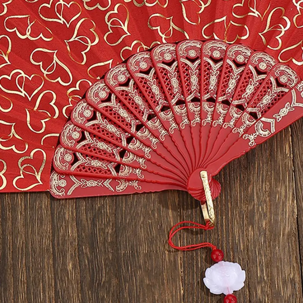 Chinese Style Folding Fan Love Heart Print Folding Fan with Tassel Chinese Style Portable Hand Fan Hollow Ribs Dance Performance