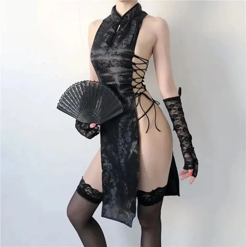 Китайский Чонсам Qipao, женское пикантное нижнее белье, аниме косплей, Бандажное мини-платье с высоким разрезом, Униформа, женские костюмы для