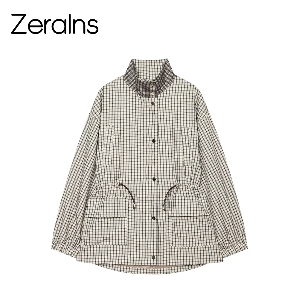 ZERAINS 2026 new women's long sleeved stand up collar casual waist cinched plaid jacket beige trench coat