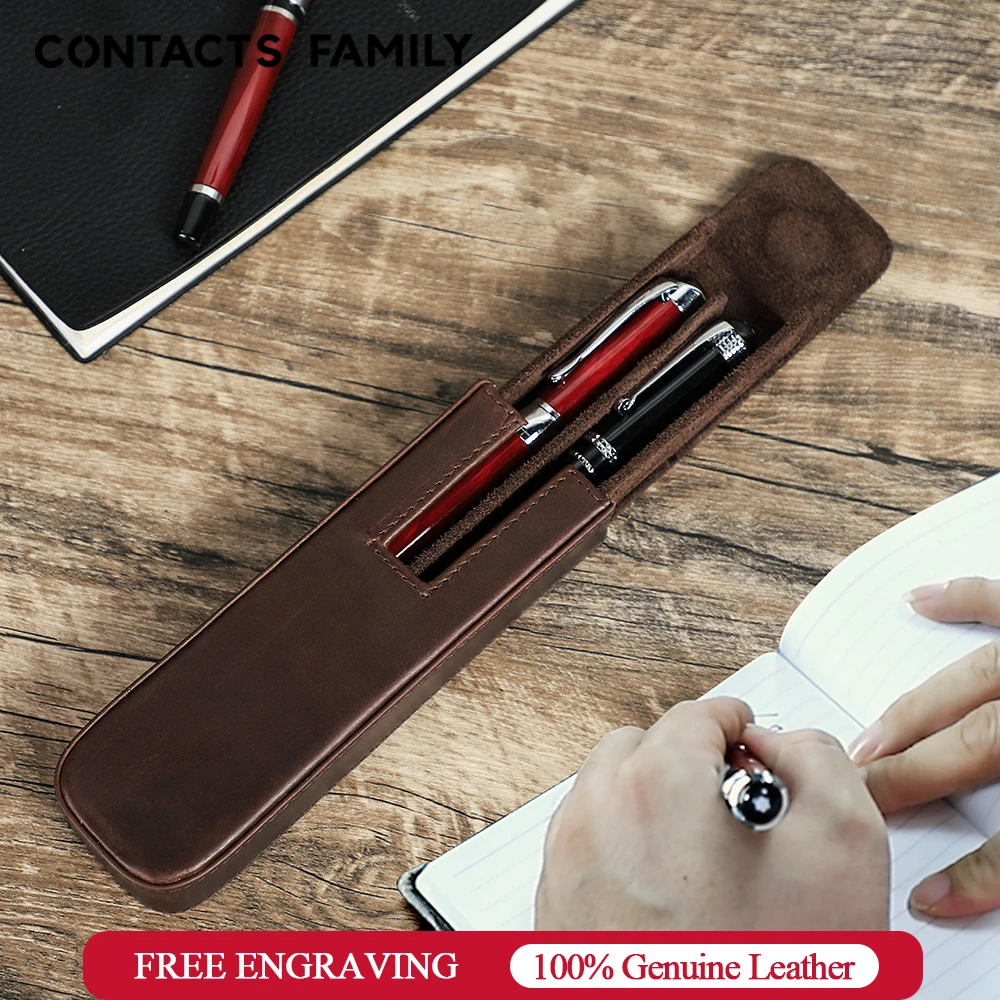 CONTACT\'S FAMILY Leather 2 Slots Pen Case Magnetic buckle With Removable Pen Tray Holder Pencil Case Box Office School Pouch