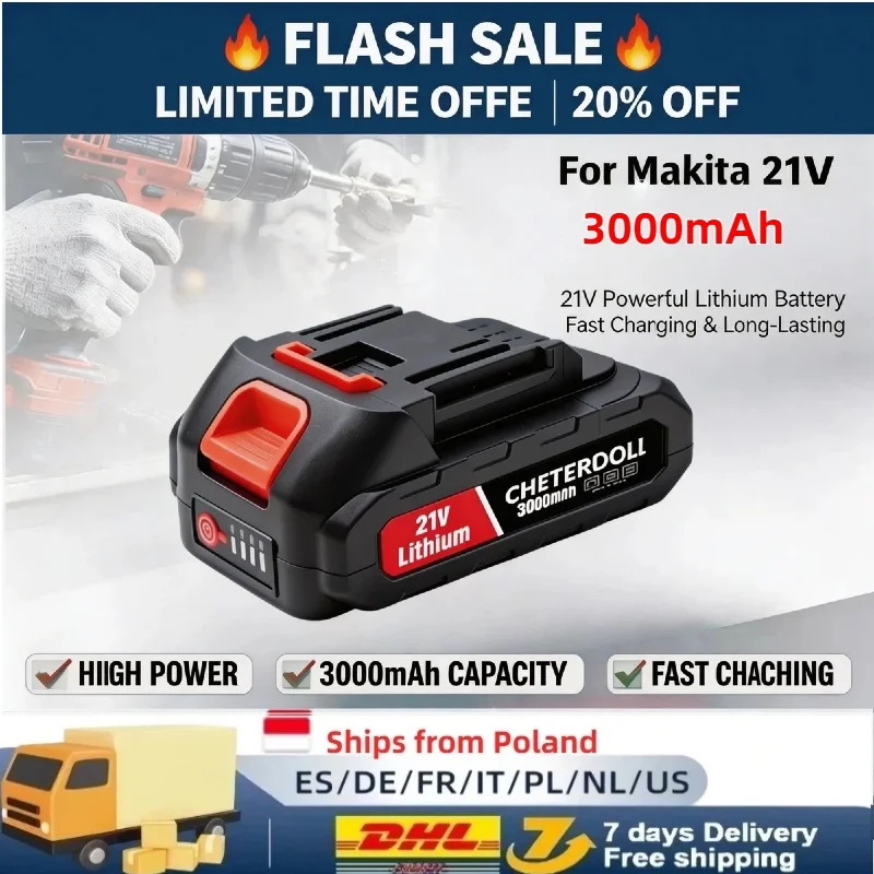 Langlebiger 21V wiederaufladbarer Lithium-Akku mit Leistungsanzeige, hochdichte Zellen, langlebig, verschleißfest, Ersatzteile, perfekt kompatibel mit Makita 21V Akku-Bohrschrauber,