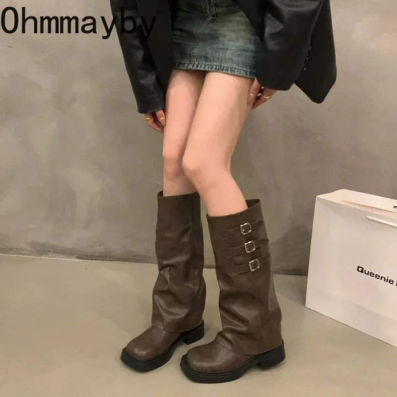 2024 Winter Cowboy Boots For Women Fashion Belt Buckle Long Boots Female Elegant Square Heel Women\'s Knight Bootties