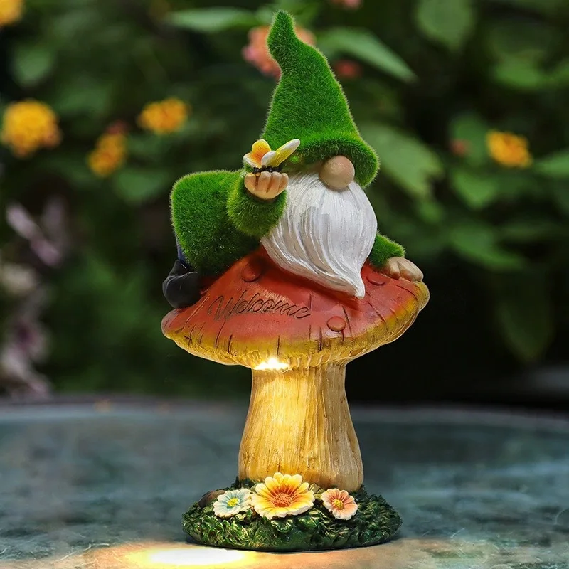 Solar Dwarf Statue Resin Gnome Figurine, Mushroom Figurine, Outdoor Garden Yard, Decorative Art Sculpture, Patio Lawn Light